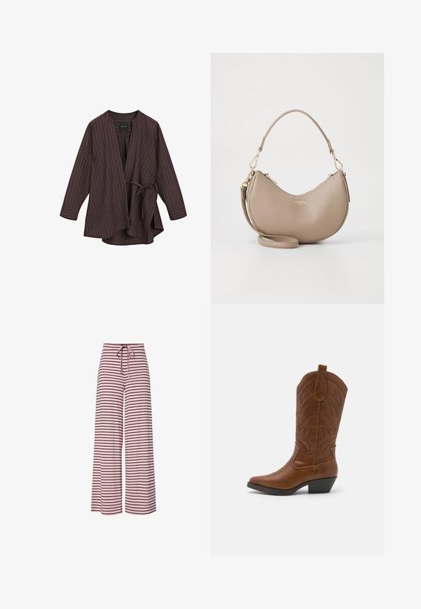 Hnědý pruhovaný wrap kabát s výstřihem do V, dlouhými rukávy a zavazováním. Vyrobeno z lehké látky, které obsahuje bílé podélné pruhy.; Světlé růžové tílko vyrobené z měkké, elastické látky. Má kulatý výstřih a úzká ramínka, s hladkou strukturou a přiléhavým střihem.; Široké kalhoty v světle růžové barvě s černými horizontálními pruhy, vybavené elastickým pasem a stahovací šňůrkou pro úpravu velikosti. Hladká textura tkaniny.; ONLY SHOES ONLBRONCO - Kovbojské/motorkářské kozačky - brown; Béžová kožená kabelka ve tvaru půlměsíce s horním zipem, odnímatelným ramenním popruhem a zlatým logem "Lacoste Paris" na přední straně.
