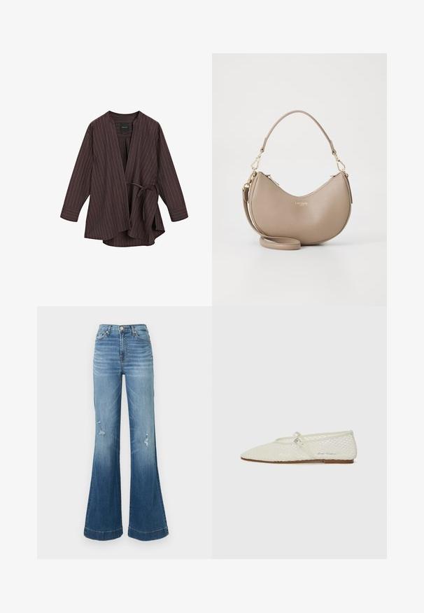 Giacca avvolgente a righe marroni con scollo a V, maniche lunghe e chiusura con legatura. Realizzata in tessuto leggero, presenta righe bianche su tutta la superficie.; Top senza maniche rosa chiaro realizzato in un tessuto morbido e elasticizzato. Presenta un scollatura rotonda e spalline sottili, con una texture liscia e una forma aderente.; Jeans a zampa d'elefante in denim blu con vita alta, cuciture visibili e dettagli strappati vicino alle ginocchia. Le zampette si allargano dal ginocchio all'orlo.; Ballet flat in rete color crema con punta affusolata e cinturino regolabile. Presenta una tomaia testurizzata e una suola piatta marrone.; Borsa a mano in pelle beige a forma di mezzaluna con zip superiore, tracolla staccabile e logo dorato "Lacoste Paris" sul davanti.