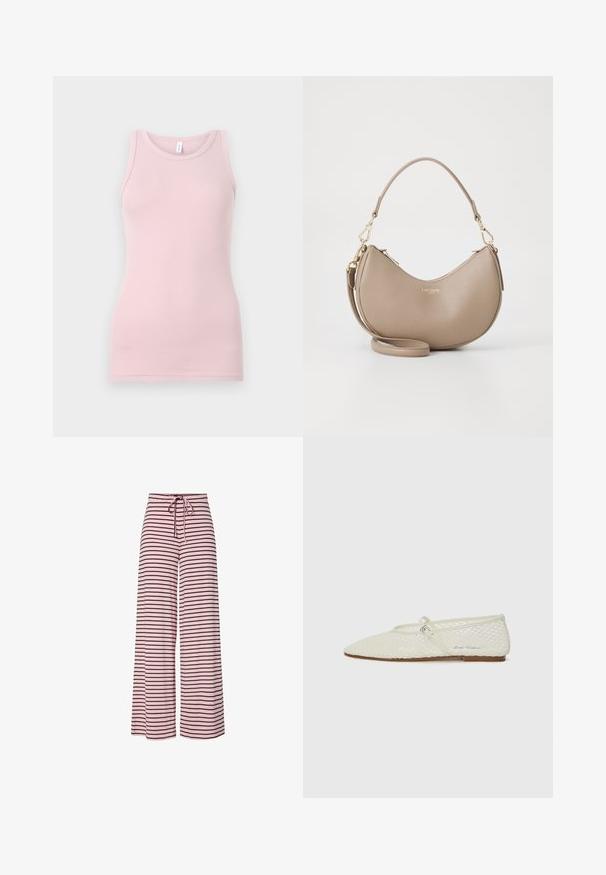 Giacca avvolgente a righe marroni con scollo a V, maniche lunghe e chiusura con legatura. Realizzata in tessuto leggero, presenta righe bianche su tutta la superficie.; Top senza maniche rosa chiaro realizzato in un tessuto morbido e elasticizzato. Presenta un scollatura rotonda e spalline sottili, con una texture liscia e una forma aderente.; Pantaloni a gamba larga di un delicato rosa chiaro con strisce orizzontali nere, dotati di una cintura elastica e un cordino per la regolazione. Tessuto morbido.; Ballet flat in rete color crema con punta affusolata e cinturino regolabile. Presenta una tomaia testurizzata e una suola piatta marrone.; Borsa a mano in pelle beige a forma di mezzaluna con zip superiore, tracolla staccabile e logo dorato "Lacoste Paris" sul davanti.