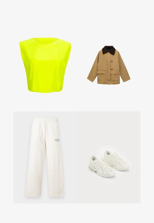 Sandfarvet bomuldsjakke med en brun kordfløjlskrage, to for-lommer og togglesluiting. Designet er løst og let cropped.; Neon gul cropped top med rund hals og korte ærmer. Lavet af glat, letvægtsmateriale med en løs pasform.; Cremefarvede vide bukser lavet af blødt materiale med elastisk talje. Har diskret grøn broderet tekst foran.; Hvide sportssko i mesh og syntetiske materialer, snørebåndsdesign, polstret krave og tekstureret sål for bedre greb. Letvægts konstruktion.