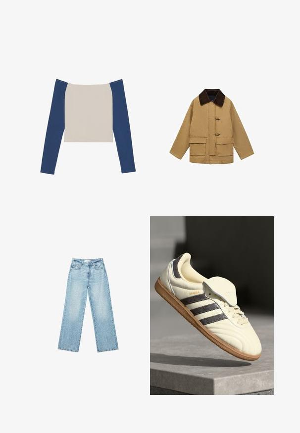 Sandfarvet bomuldsjakke med en brun kordfløjlskrage, to for-lommer og togglesluiting. Designet er løst og let cropped.; Langærmet top med en off-white krop og mørkeblå ærmer, med en bred halsudskæring og et cropped design. Blød, glat stoftekstur.; Lyseblå denim bukser med bred benvidde og høj talje, præget af en falmet vask og små, spredte slidte detaljer overalt.; Cremefarvede lædersneakers med tre mørke striber, en brun gummisål og en afrundet tå. Har en foldbar tunge mærket "SAMBA."