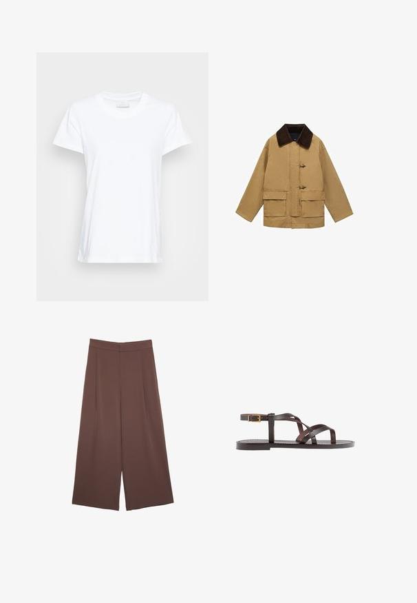 Giacca di cotone beige con colletto in corduroy marrone, due tasche frontali e chiusure a toggle. Il design è leggermente oversize e accorciato.; T-shirt bianco a maniche corte realizzato in cotone morbido. Presenta un colletto rotondo e una vestibilità leggermente ampia con aperture laterali per un comfort maggiore.; Pantaloni ampi marroni con una texture liscia, caratterizzati da una vita alta e pieghe frontali. Il tessuto è leggero e scorre liberamente.; Sandal in pelle marrone con cinturini incrociati, chiusura con cinturino alla caviglia e suola piatta con dettagli di cucitura minimi.