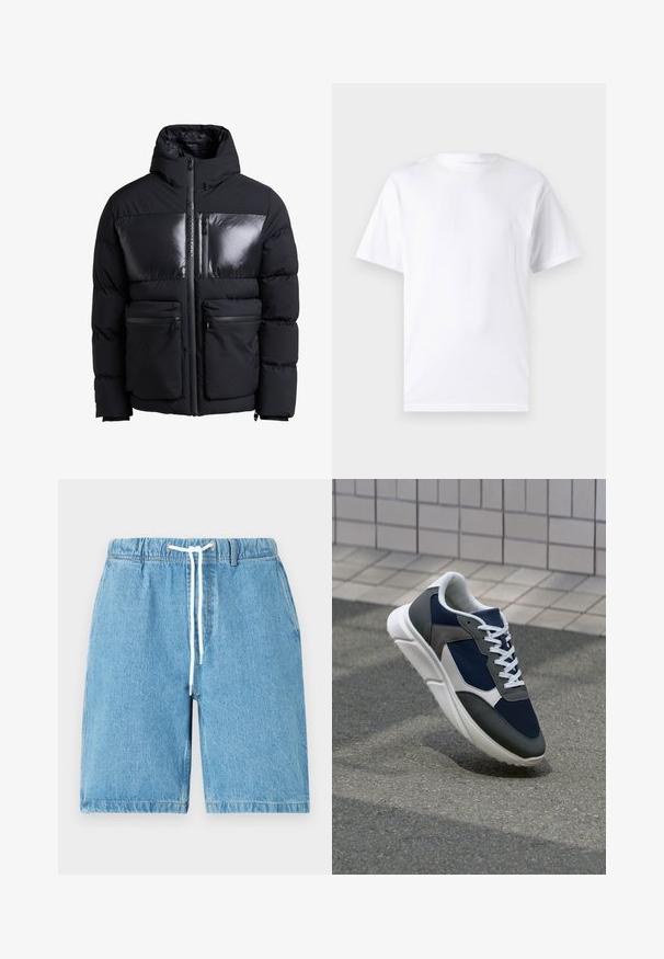 Μαύρο φουσκωτό μπουφάν με γυαλιστερή επάνω επιφάνεια, φερμουάρ μπροστά, διπλές πλευρικές τσέπες και κουκούλα. Υφασμάτινη επιφάνεια με υφή και σαponsχέδιο.; Λευκό κοντομάνικο μπλουζάκι από βαμβάκι με στρογγυλή λαιμόκοψη, διαθέτοντας λεία υφή και απλό σχέδιο χωρίς μοτίβα ή διακοσμήσεις.; Ανοιχτού μπλε τζιν σορτς με ελαστική ζώνη, λευκή κορδόνι και άνετη εφαρμογή. Χαρακτηρίζεται από λεία υφή και τελειωμένες άκρες.; Αθλητικά παπούτσια με επάνω μέρος από ναυτικό μπλε διχτυωτό ύφασμα, γκρι σουέτ λεπτομέρειες, λευκή καουτσούκ σόλα και επίπεδα λευκά κορδόνια, σχεδιασμένα για άνεση και αερισμό.