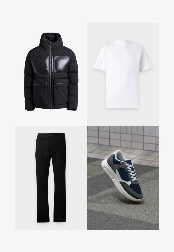 Giacca a vento nera con parte superiore lucida, chiusura con zip frontale, tasche laterali doppie e cappuccio. Materiale testurizzato e design trapuntato.; T-shirt bianco a maniche corte in cotone con scollo rotondo, caratterizzato da una texture morbida e un design semplice senza motivi o accenti.; Jeans neri a gamba dritta realizzati in denim, con chiusura frontale a bottone, due tasche laterali e una texture liscia.; Sneaker con tomaia in rete blu navy, inserti in suede grigio, suola in gomma bianca e lacci bianchi piatti, progettata per comfort e traspirabilità.