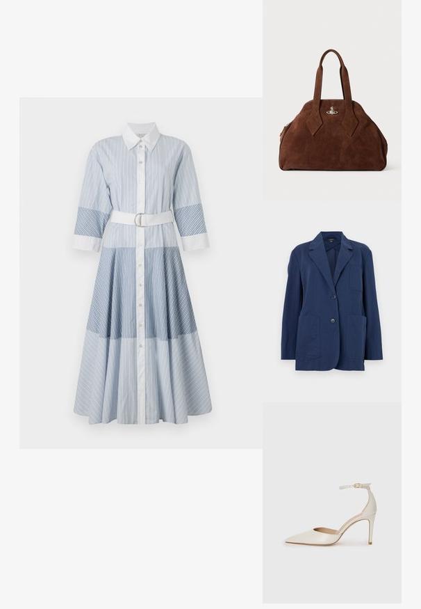 Jūrinis blazeris iš lengvos medžiagos, turi iškarptą apykaklę, dvi dideles priekines kišenes ir užsegimą su dviem mygtukais. Lygus paviršius su subtiliu blizgesiu.; Dryžuota mėlyna suknelė, ilgomis rankovėmis, mygtukais susegama priekyje ir juosmens diržu. Panaudoti kartotiniai šviesiai ir tamsiai mėlynos spalvos dryžiai.; Balti odiniai aukštakulniai batai su smailiu priekiniu galu, kulkšnies dirželiu ir siauru stiletu. Lygi tekstūra su subtiliu blizgiu paviršiumi.; Ruda zomšo rankinė su struktūrine forma, apvaliu kūnu ir pailgom rombo formos rankenom. Yra sidabro spalvos uždarymo mechanizmas.