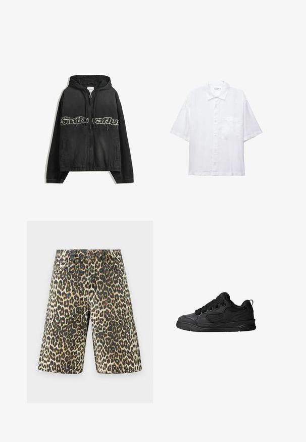 Črna zip-up kapuca s kapuco, s obrabljenim tiskom spredaj, stranskimi žepi in elastičnimi manšeti ter robom.; Bela kratkosleeve srajca z gumbnim zapiranjem spredaj, ovratnikom in enim žepom na prsih. Narejena je iz lahkega materiala z gladko teksturo.; Denim kratke hlače s leopardjim vzorcem v svetlo rjavi, črni in bež barvi, s petimi žepi in ravnim krojem.; Črne superge z teksturiranim zgornjim delom, opremljene z vezalkami, mrežastimi dodatki za zračnost, oblazinjenim ovratnikom in trdnim podplatom.