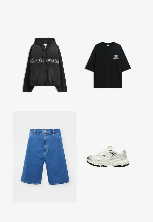 Musta vetoketjuhuppari, jossa on huppu, etupuolella kuluneet kirjainpainatukset, sivutaskut sekä joustava resori hihansuissa ja helmassa.; Mustat ylipitkät puuvillapaidat, joissa on pyöreä kaula-aukko ja lyhyet hihat, etuosassa valkoinen "Shibuya" -logo.; Denim-shortsit, joissa on sininen väri, löysä malli, keski-nouseva vyötärö, etutaskut ja nappisuljenta. Ompeleet saumoissa lisäävät yksityiskohtia.; Valkoiset lenkkarit, joissa on verkkokangas-yläosa, hopeiset yksityiskohdat, musta pohja ja teksturoitu pinta. Varustettu nauhakiinnityksellä ja pyöreällä kärjellä.