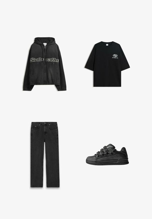 Fekete cipzáros kapucnis pulóver, elöl kopott betűkkel, oldalsó zsebekkel, valamint rugalmas mandzsettákkal és alján.; Fekete, oversized pamut póló kerek nyakkal és rövid ujjakkal, az elején fehér "Shibuya" logóval.; Fekete farmernadrág egyenes szabással, öt zsebbel, gombos záródással és enyhe kopással. Textúrált anyag és minimális varrási részletek.; Fekete sportcipők sima bőrből készült felső résszel, struktúrált kiegészítőkkel, valamint kerek fekete és fehér fűzőkkel. Vastag gumitalp mintázott bordázattal.