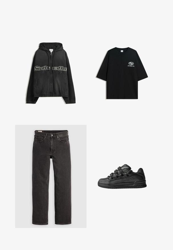 Črna zip-up kapuca s kapuco, s obrabljenim tiskom spredaj, stranskimi žepi in elastičnimi manšeti ter robom.; Črna prevelika bombažna majica z okroglo ovratnico in kratkimi rokavi, z belim logotipom "Shibuya" natisnjenim spredaj.; Črne jeans hlače s ravnim krojem, petimi žepi in kovinskimi detalji. Tkanina ima rahlo teksturo in enotno barvno obdelavo.; Črne superge z gladkim usnjenim zgornjim delom, teksturiranimi detajli in okroglimi črnimi ter belimi vezalkami. Debel gumijast podplat z vzorčastim profilom.