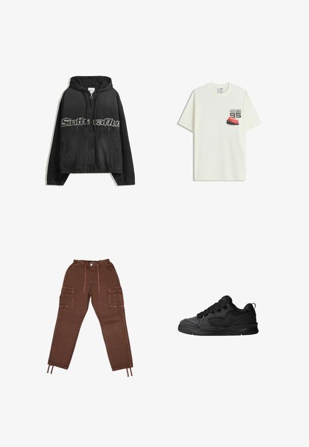 Musta vetoketjuhuppari, jossa on huppu, etupuolella kuluneet kirjainpainatukset, sivutaskut sekä joustava resori hihansuissa ja helmassa.; Valkoinen lyhythihainen T-paita, jossa on pieni punainen Lightning McQueen -auton grafiikka ja "Lightning McQueen 95" -teksti vasemmalla rinnassa.; Ruskeat cargo-housut, joissa on joustava vyötärönauha, kaksi suurta sivutaskua, kiristysnyörillä säädettävät lahkeensuut ja sileä pinta. Ominaisuuksiin kuuluu napillinen kiinnitys.; Mustat tennarit, joissa on teksturoitu päällyspinta, nauhat, verkkokohdat hengittävyyttä varten, pehmeä kaulus ja kestävä pohja.