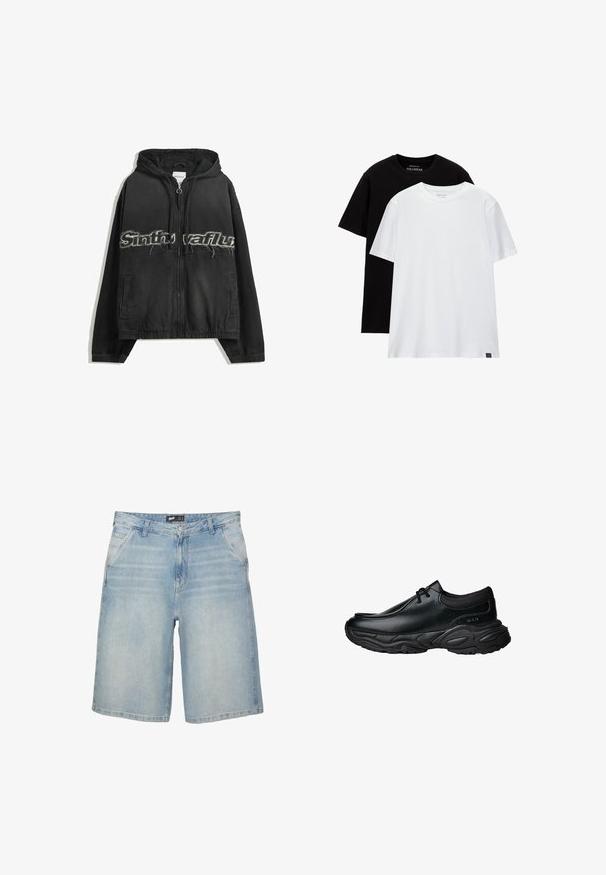 Svart zip-up hoodie med huva, med slitna bokstäver på framsidan, sidofickor och elastiska ärmmuddar samt nederkant.; Två t-shirts med vanlig passform, en svart och en vit, tillverkade av bomull. Kort ärm och rund halsringning med synlig etikett i nedersta hörnet.; Ljusblå denimshorts med rak passform, femficksdesign och kontrasterande sömmar. Har en knapp- och dragkedjestängning.; Svarta läder slip-on skor med rund tå och tjock strukturerad gummisula. Har subtila sömmar och elastiska detaljer vid kragen.