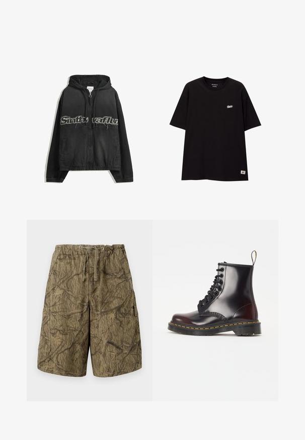 Čierna mikina na zips s kapucňou, so zničeným nápisom na prednej strane, bočnými vreckami a elastickými manžetami a lemom.; Čierne tričko s voľným strihom vyrobené z bavlny, s krátkymi rukávmi. Obsahuje malé biele logo na hrudi a štítok na dolnom leme.; Károvo vzorované cargo šortky v tlmených zemských odtieňoch. Vyrobené z odolnej textílie, s nastaviteľným pásom a bočnými cargo vreckami. Textúrovaný potlačový dizajn.; Čierna kožená členková topánka s lesklým povrchom, okrúhlou špičkou, dizajnom na šnurovanie so siedmimi očkami a charakteristickým žltým prešívaním pozdĺž podrážky.