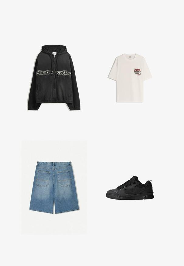 Crna kapuljača s patentnim zatvaračem, s ispucanim natpisom sprijeda, bočnim džepovima i elastičnim rubovima na rukavima i donjem rubu.; Bijela pamučna majica kratkih rukava, s okruglim izrezom. Sadrži tiskanu grafiku u crvenom i crnom tekstu na lijevoj strani prsnog područja.; Traperice kratke hlače svijetloplave boje s opuštenim krojem, s dva stražnja džepa i vidljivim šavovima. Tkanina ima mekan i gladak teksturu.; Crne tenisice s teksturiranim gornjim dijelom, sa vezicama, mrežastim detaljima za prozračnost, podstavljenim ovratnikom i čvrstim potplatima.