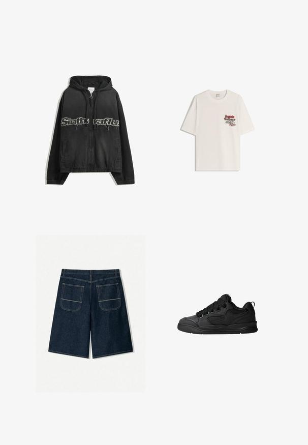Svart zip-up hoodie med huva, med slitna bokstäver på framsidan, sidofickor och elastiska ärmmuddar samt nederkant.; Vitt bomull t-shirt med korta ärmar och rundad halsringning. Har en tryckt grafik i röd och svart text på vänster bröstområde.; Mörkblå denimshorts med lös passform, med två bakfickor med kontrasterande sömmar. Rakt snitt och knälång design.; Svarta sneakers med en texturerad övre del, som har snören, meshaccenter för andningsförmåga, vadderad krage och en robust sula.