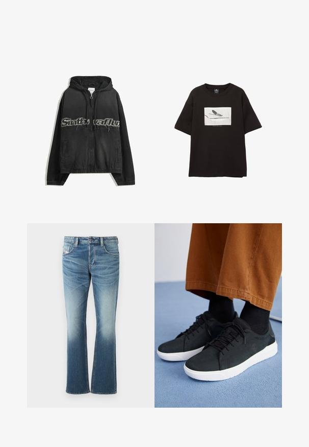 Felpa nera con zip e cappuccio, caratterizzata da lettere usurate sul davanti, tasche laterali ed elastici ai polsini e all'orlo.; T-shirt nera in cotone con maniche corte, presenta una grafica rettangolare bianca di una mosca su una linea sottile, con un branding minimale sotto l'immagine.; Jeans in denim blu con design a campana, sfumatura sbiadita, cinque tasche e cuciture a contrasto. Chiusura con bottone in vita.; Sneakers in suede nera con suole in gomma bianca, dotati di un design con lacci, accenti testurizzati e branding sottile, abbinati a pantaloni marroni.