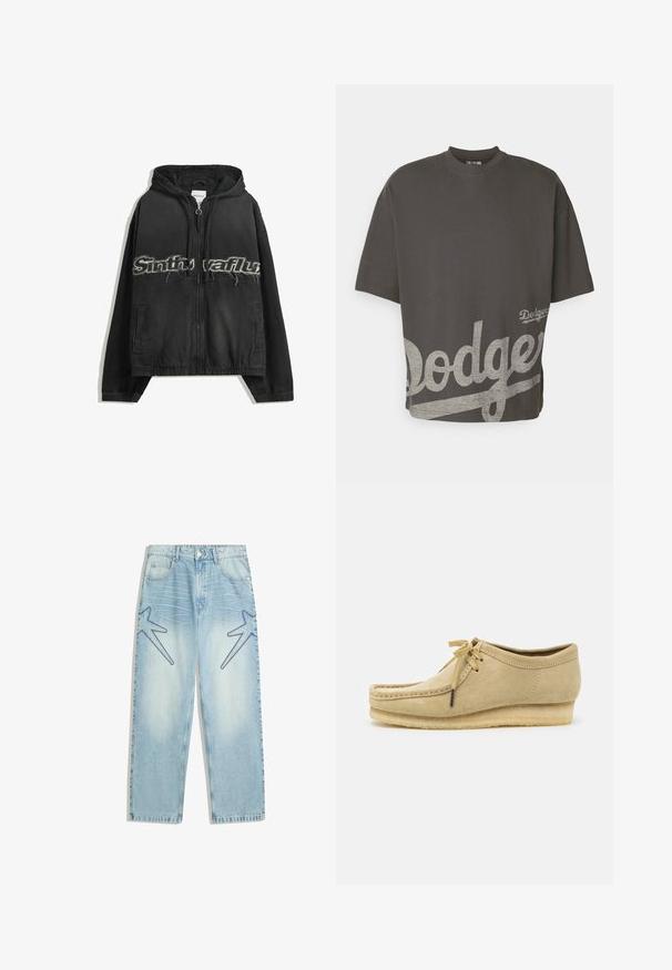 Schwarze Zip-Hoodie mit Kapuze, mit abgenutzten Buchstaben auf der Vorderseite, seitlichen Taschen und elastischen Bündchen an den Ärmeln und am Saum.; New Era MLB LOS ANGELES DODGERS OVERSIZED T-SHIRT - Sport T-Shirt - black; Hellblaue Jeans mit geradem Schnitt, die auf der Vorderseite große sternförmige Motive in dunklerem Blau aufweisen, sowie einen klassischen Fünf-Taschen-Stil.; Beige Wildlederschuh mit Schnürdesign, gestickten Details und Gummisohle. Die Form ist lässig mit einem leichten Keilabsatz.