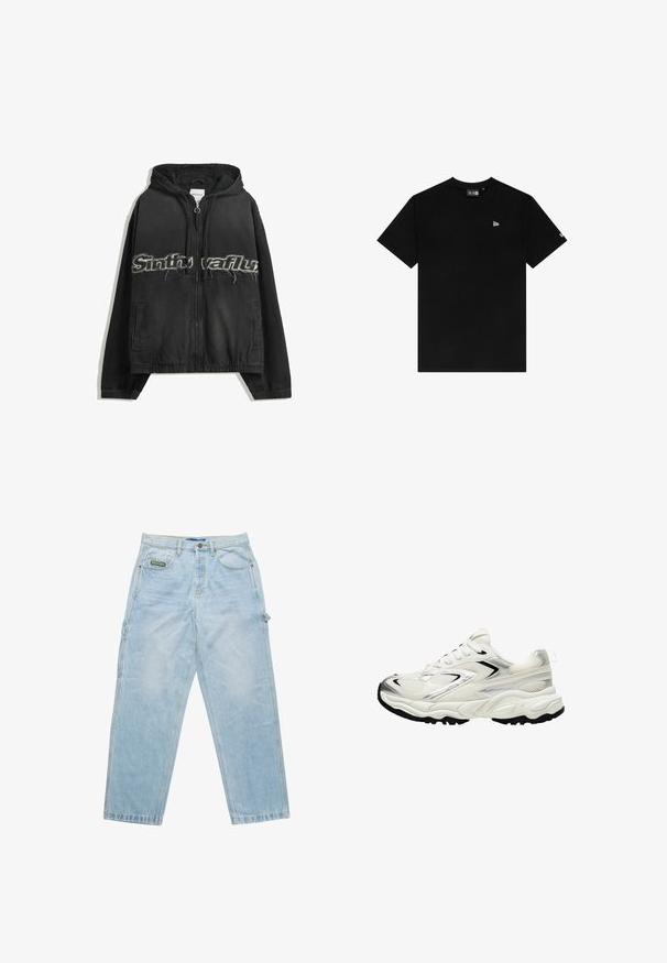 Černá mikina s kapucí na zip, obsahující opotřebované nápisy na přední straně, boční kapsy a elastické lemy na manžetách a spodním okraji.; Černé bavlněné tričko s kulatým výstřihem, krátkými rukávy, s malým bílým logem na levé hrudi a bez dalších vzorů nebo akcentů.; Světle modré denimové džíny s volnějším střihem, designem s pěti kapsami a viditelným šitím. Na přední kapse se nachází značka.; Bílé tenisky s textilním svrškem, stříbrnými detaily, černou podešví a strukturovanými panely. Obsahují šněrovací design a zaoblený tvar špičky.