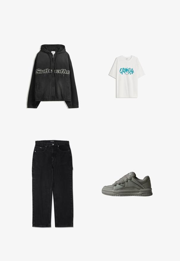 Crna kapuljača s patentnim zatvaračem, s ispucanim natpisom sprijeda, bočnim džepovima i elastičnim rubovima na rukavima i donjem rubu.; Bershka SHORT SLEEVE - Majica kratkih rukava s printom - white; Crne traperice s ravnim nogavicama, koje imaju pet džepova, metalno dugme za zatvaranje i suptilne detalje šivanja.; Sivi atletski model cipela s teksturiranom kožom i mrežastim gornjim dijelom, debelim gumenim potplatom te istaknutim podstavljenim jezikom i stranama. Uključene vezice i bočni dodaci.