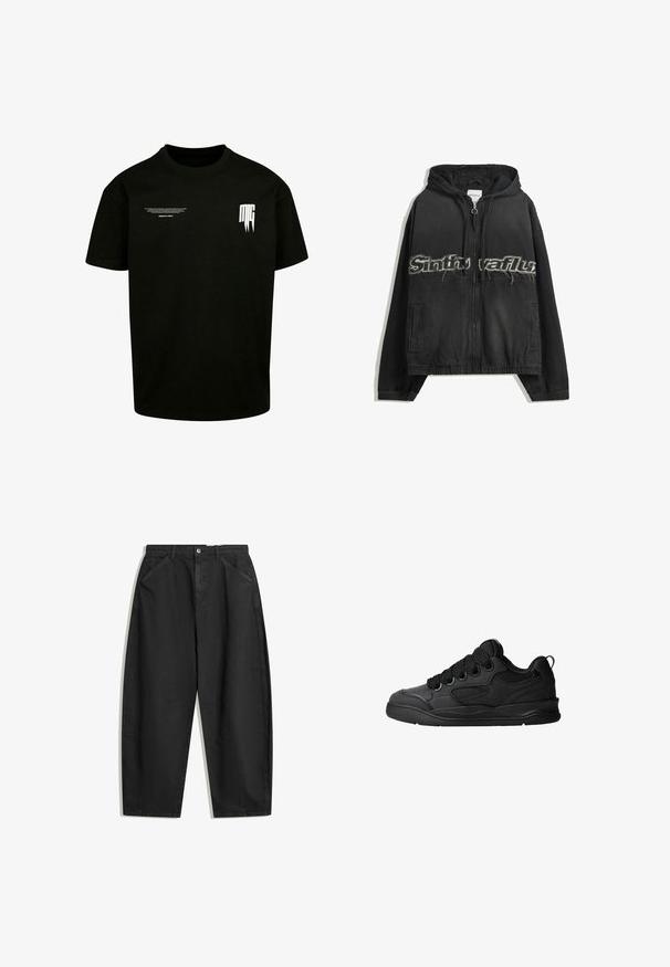 Musta vetoketjuhuppari, jossa on huppu, etupuolella kuluneet kirjainpainatukset, sivutaskut sekä joustava resori hihansuissa ja helmassa.; Mustat puuvillapaita, jossa on lyhyet hihat, pyöreä pääntie sekä valkoiset painetut tekstit ja graafiset yksityiskohdat edessä.; Mustat leveälahkeiset housut, jotka on valmistettu puuvillasta. Ne on varustettu korkealla vyötäröllä, etutaskuilla ja hienovaraista ompelua. Pintakuvio on sileä ilman koristeita.; Mustat tennarit, joissa on teksturoitu päällyspinta, nauhat, verkkokohdat hengittävyyttä varten, pehmeä kaulus ja kestävä pohja.