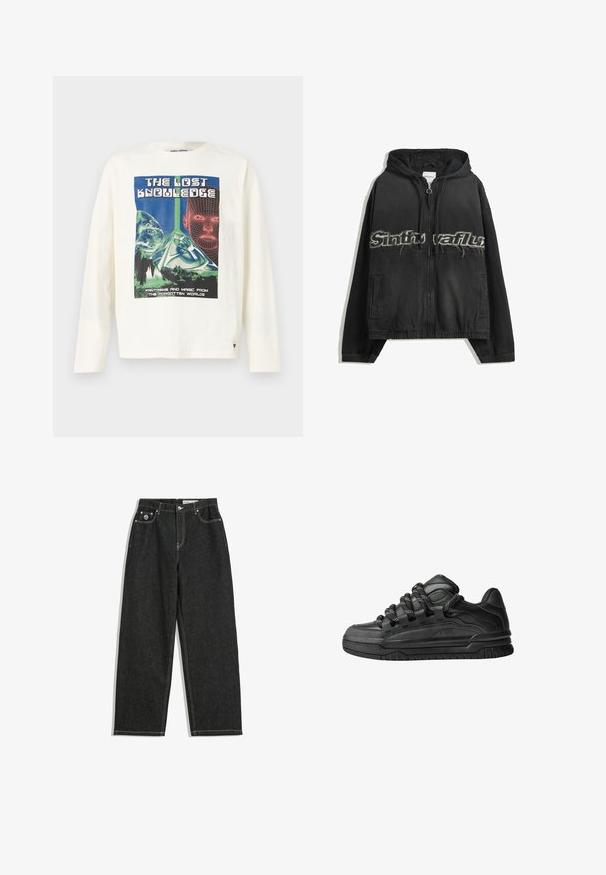 Musta vetoketjuhuppari, jossa on huppu, etupuolella kuluneet kirjainpainatukset, sivutaskut sekä joustava resori hihansuissa ja helmassa.; Kerman pitkähihaine t-paita, jossa on värikäs grafiikkapainatus nimeltä "Kadonnut tietämyks", joka esittää pyramidia ja digitaalisia kasvotelementtejä.; Mustat suorat farkut valkoisella ompelella, viisi taskua, nappi- ja vetoketjukiinnitys sekä pieni logo etu-oikeassa taskussa.; Mustat tennarit, joissa on sileä nahkapinta, teksturoituja yksityiskohtia ja pyöreät musta-valkoiset nauhat. Paksu kumipohja, jossa on kuvioitu pinta.