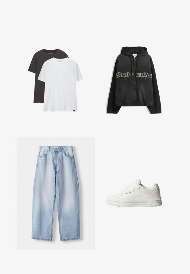 Črna zip-up kapuca s kapuco, s obrabljenim tiskom spredaj, stranskimi žepi in elastičnimi manšeti ter robom.; Dve majice redne prileganja: ena črna in ena bela, izdelani iz mehkega bombaža. Vsaka vsebuje krožni ovratnik in kratke rokave brez vzorcev.; Svijetloplave traper široke hlače s srednjim strukom, dizajnom s pet džepova i suptilnim izbljeđivanjem; završene ravnim rubom i petljicama za remen.; Bele teneške z gladkim usnjenim zunanjim delom, oblazinjenim jezikom, ravnimi vezalkami ter teksturiranimi detajli na straneh in peti.