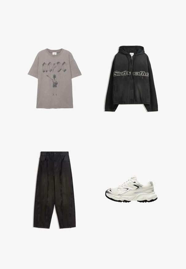 Čierna mikina na zips s kapucňou, so zničeným nápisom na prednej strane, bočnými vreckami a elastickými manžetami a lemom.; Šedé bavlnené tričko s veľkým logom AC/DC a grafikou gitaristu na zadnej strane, s krátkymi rukávmi a klasickým okrúhlym výstrihom.; Čierne nohavice s širokými nohavicami z denimu, viditeľné švy a rozstrapkané okraje, so zapracovanými prednými vreckami a vysokým pásom.; Biele tenisky s hornou časťou z mriežky, striebornými detailmi, čiernou podrážkou a textúrovanými panelmi. Majú šnurovací dizajn a zaoblený tvar špičky.