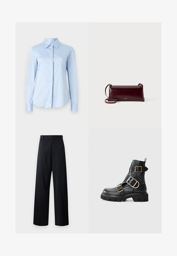 Denim jacket featuring a dark brown corduroy collar, front snap buttons, two front patch pockets, and a subtle logo patch on the side.; Light blue button-up shirt with long sleeves, classic collar, and smooth fabric. Features a straight cut and button cuffs.; Wide-leg trousers in dark navy, featuring a button closure, front pleats, and smooth fabric with a clean, tailored design.; Black leather ankle boot with chunky sole, featuring multiple straps and gold hardware accents. Smooth texture, rugged design.; Burgundy leather crossbody bag with a smooth texture, rectangular shape, flap closure, and a thin adjustable strap. Gold logo detail visible.