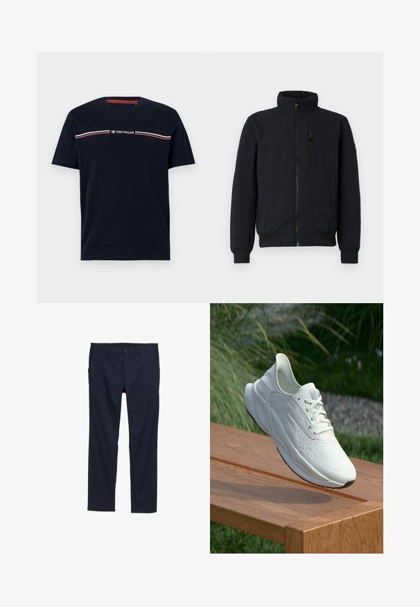 Chaqueta bomber negra con cuello alto, cremallera frontal, puños acanalados y dos bolsillos laterales. Tejido suave con una cinturilla texturizada.; Camiseta de algodón azul marino con mangas cortas, escote redondo, que presenta un detalle de rayas horizontales en blanco y rojo y el logo "TOM TAILOR".; Pantalones ligeros azul marino con una textura suave, diseño de pierna recta, cierre de botón y bolsillos laterales.; Zapatilla blanca con parte superior texturizada, superposiciones sintéticas lisas, cordones planos y suela acolchada, flotando sobre una superficie de madera.