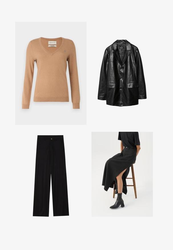 Črni usnjeni blejzer z nazobčanim ovratnikom, enorednim zapiranjem na gumb, dvema sprednjima žepoma in gladko, sijočo teksturo.; Rjav pulover iz mehkega materiala, s V-izrezom, dolgimi rokavi in majhnim logotipom na levem prsnem delu. Gladka tekstura in prilegan dizajn.; Široke črne hlače iz gladkega materiala, ki imajo sprednje žepe in gumbno zapiranje v pasu. Minimalistična zasnova brez vzorcev.; Črna lanena maxi krilo z visokim razporkom, oblečeno s črno majico in črnimi gležnjarji. Minimalističen dizajn z udobnim krojem.