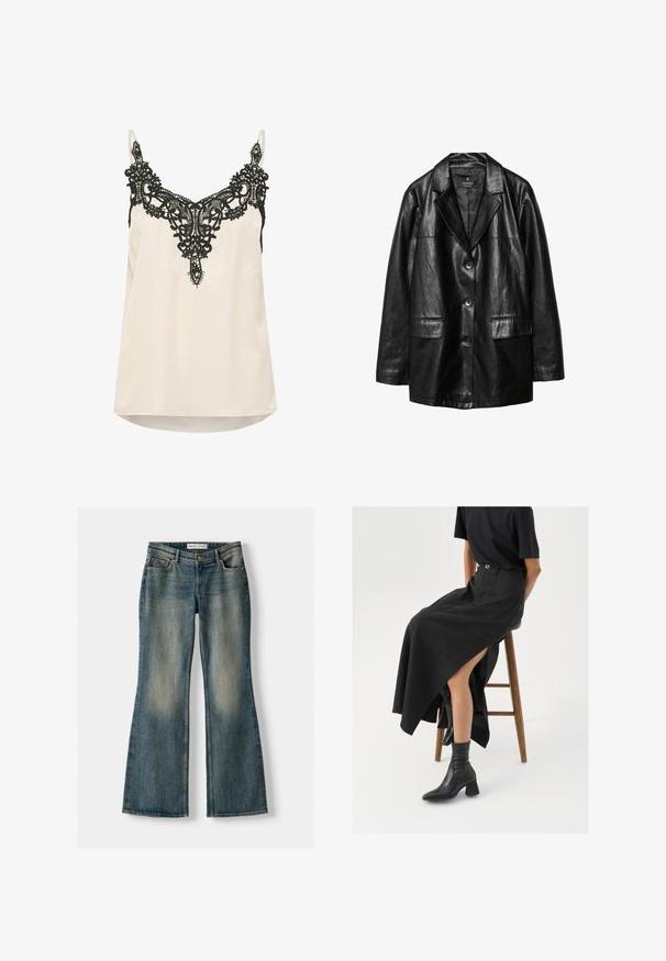 Czarna skórzana marynarka z klapami, jednozapięciowa, z dwoma przednimi kieszeniami i gładką, błyszczącą fakturą.; Kremowa satynowa koszulka na ramiączkach z finezyjnym czarnym koronkowym wykończeniem przy dekolcie oraz regulowanymi ramiączkami. Dolna krawędź jest lekko zaokrąglona.; Niebieskie dżinsy w fasonie dzwonów z wyblakłym wykończeniem, pięcioma kieszeniami i zapięciem na guzik. Materiał ma fakturę dżinsu z subtelnymi detalami szycia.; Czarna lniana spódnica maxi z wysokim rozcięciem, noszona z czarnym t-shirtem i czarnymi botkami sięgającymi kostek. Minimalistyczny design z luźnym krojem.