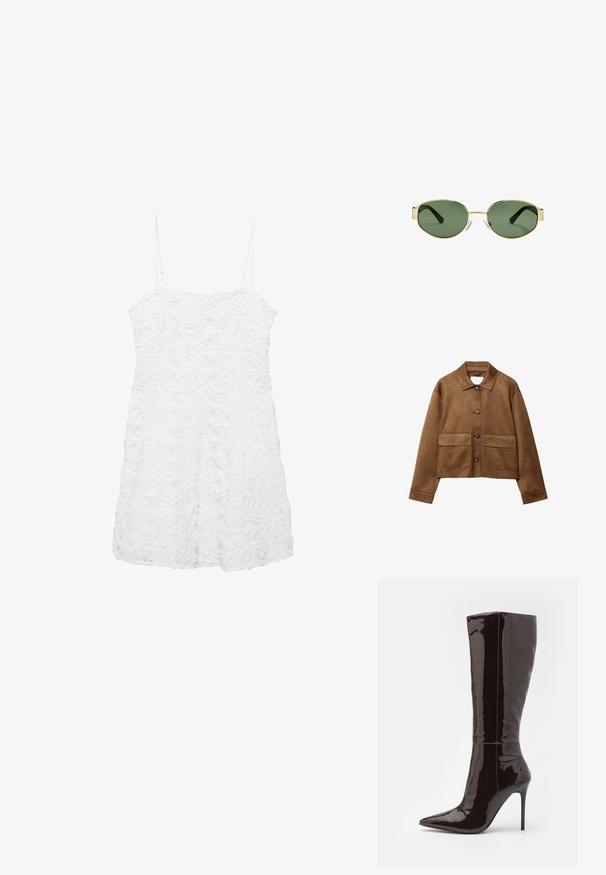 Brahno zamšast plašč z ovratnikom, sprednjim zapiranjem na gumb in dvema velikima žepoma. Teksturna površina in skrajšana zasnova.; Bela brezrokavna obleka s teksturiranim cvetličnim vzorcem, ki ima tanke naramnice in sproščen kroj, zasnovana za lahkoten in zračen videz.; Dolgimi rokavi v kremni barvi, z rahlim nabiranjem ob straneh in klasičnim ovratnikom. Gladka tekstura, preprost dizajn.; Even&Odd Škornji z visoko peto - dark brown; Očala z zlatim kovinskim okvirjem, zelenimi lečami, ovalne oblike, črnimi uhani in prozornimi nosnimi blazinicami. Čist, minimalističen dizajn.