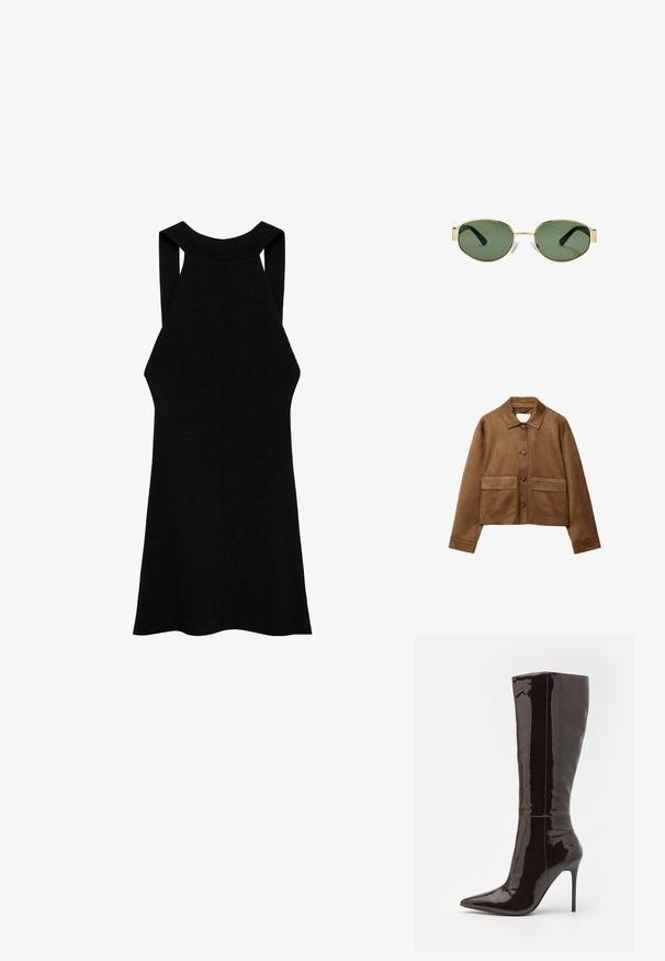 Brahno zamšast plašč z ovratnikom, sprednjim zapiranjem na gumb in dvema velikima žepoma. Teksturna površina in skrajšana zasnova.; Črna brezrokavna obleka z visokim ovratnikom, rebrasto teksturo in prilegajočim silhueto, ki ima široke naramnice in razširjen rob.; Even&Odd Škornji z visoko peto - dark brown; Očala z zlatim kovinskim okvirjem, zelenimi lečami, ovalne oblike, črnimi uhani in prozornimi nosnimi blazinicami. Čist, minimalističen dizajn.