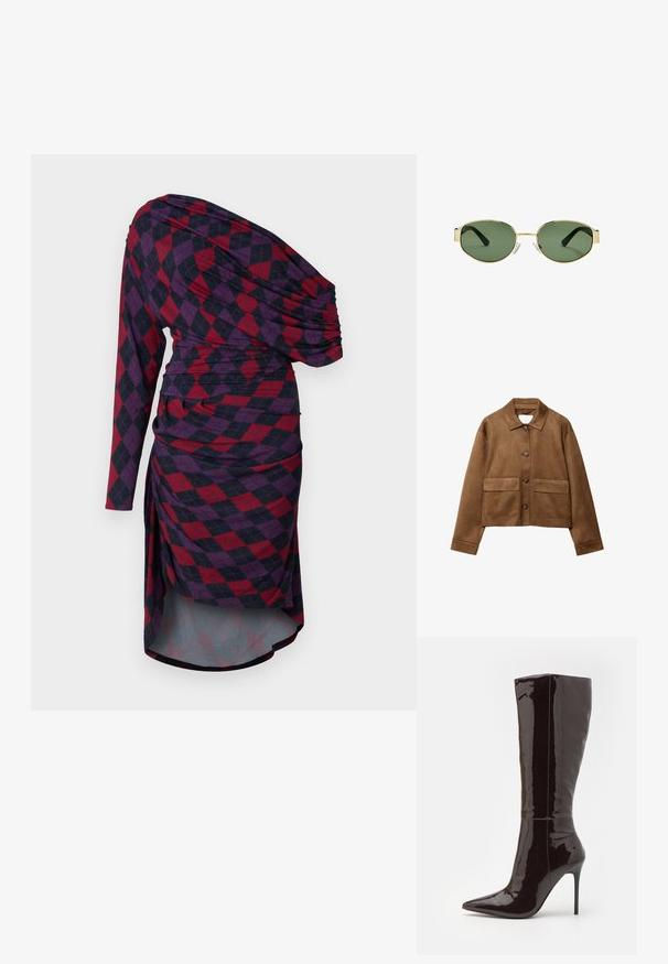 Ruskea mokkanahkajakku, jossa on kauluksellinen pääntie, etupainonappikiinnitys ja kaksi suurta taskua. Rakenteellinen viimeistely ja lyhyempi muotoilu.; Asymmetrisk klänning med en lång ärm, prydd med ett rutigt mönster i röd och mörkblått, rynkdetaljer och en draperad silhuett.; Even&Odd Korolliset saappaat - dark brown; Kultaiset metallikehyksiset aurinkolasit, joissa on vihreät sävytetyt linssit, soikea muoto, mustat sankaluvat ja kirkkaat nenätyynyt. Siisti, minimalistinen muotoilu.