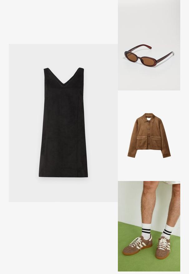Hnědá nubuková bunda s límcem, předním zapínáním na knoflíky a dvěma velkými kapsami. Texturovaný povrch a zkrácený střih.; Černé bezramínkové šaty s výstřihem do V, vyrobené z měkkého materiálu, s rovnými liniemi a minimálním zdobením. Hladká textūra.; Halenka s dlouhým rukávem v krémové barvě, s mírným řasením po stranách a klasickým límcem. Hladká textura, jednoduchý design.; Hnědé semišové tenisky s bílými akcenty a tkaničkami. Gumová podrážka. Nošeny s bílými ponožkami s černými pruhy. Zelená strukturovaná podlaha.; Kulaté sluneční brýle hnědé barvy s lesklým burgundským rámem. Úzké nožičky s jemným logem. Rovné čočky.; Hnědá pletená kožená kabelka s uvolněným trojúhelníkovým tvarem. Disponuje spleteným uchem a zipovým uzavíráním na vrchu.