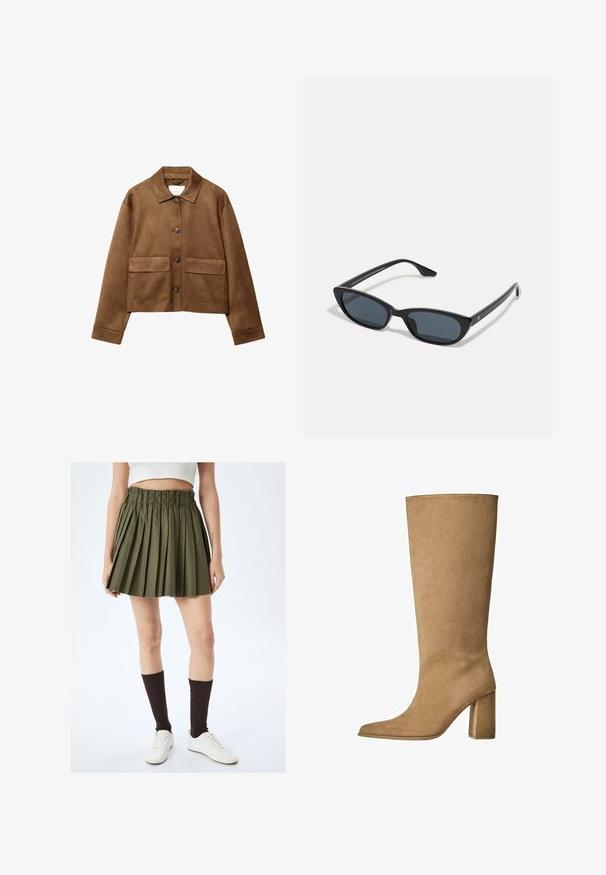 Brun ruskindjakke med kravesnit, tæt for-udknapning og to store lommer. Tekstureret finish og cropped design.; Lyseblå langærmet skjorte med knap-ned krave, enkelt brystlomme og afslappet pasform. Glat stofstruktur og klassisk design.; Oliven grøn plisseret nederdel med en frynset kant, elastisk talje og tekstureret stof. Sammen med hvide sko og brune knæ-høje sokker.; Tan ruskinds knæhøje støvler med blokhæle, der har en spids tå og en glat overflade. Minimalistisk design uden udsmykninger.; Sorte katteøje solbriller med mørke linser, plastikramme, slanke temple og diskret branding på den indre arm. Mat finish tekstur.
