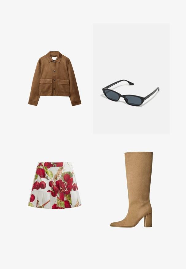 Giacca in suede marrone con colletto, chiusura frontale a bottoni e due grandi tasche. Finitura testurizzata e design cropped.; Camicia a maniche lunghe azzurro chiaro con colletto button-down, taschino sul petto e vestibilità comoda. Texture del tessuto liscia e design classico.; Gonna plissettata bianca con un vivace motivo di ciliegie rosse e verdi. Il tessuto sembra leggero con una texture liscia.; Stivale al ginocchio in suede beige con tacco a blocco, caratterizzato da una punta affusolata e una superficie liscia. Design minimalista senza decorazioni.; Occhiali da sole cat-eye neri con lenti scure, montatura in plastica, stanghette sottili e una leggera marca sulla parte interna del braccio. Finitura opaca.