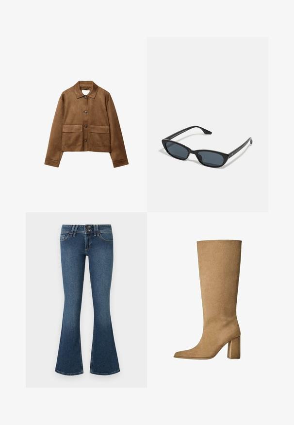 Brązowa kurtka z zamszu z kołnierzykiem, z przodu zapinana na guziki, z dwiema dużymi kieszeniami. Teksturowane wykończenie i krótki fason.; Jasnoniebieska koszula z długim rękawem, z kołnierzykiem zapinanym na guziki, pojedynczą kieszenią na piersi oraz w luźnym kroju. Gładka faktura tkaniny i klasyczny design.; Niebieskie dzwony z denimu o wysokim stanie, zapinane na dwa guziki, z pięcioma kieszeniami i kontrastującym przeszyciem na szwach.; Karmowe zamszowe botki do kolan na słupku, z ostrym noskiem i gładką fakturą. Minimalistyczny design bez ozdób.; Czarne okulary w kształcie kociego oka z ciemnymi soczewkami, plastikową ramką, smukłymi zausznikami i subtelnym logo na wewnętrznej stronie zausznika. Matowa tekstura.