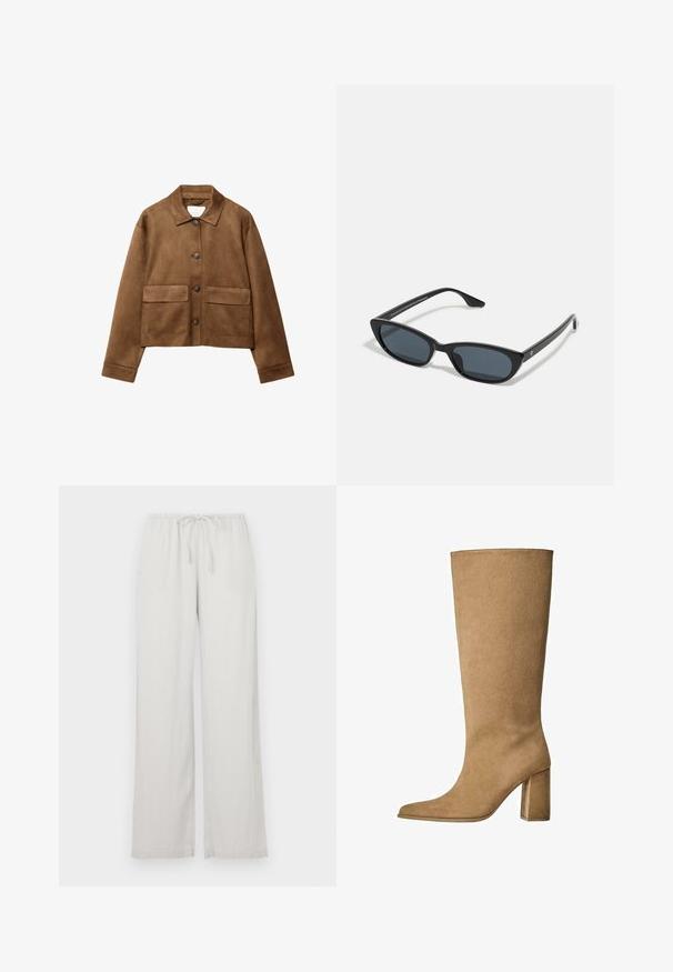 Hnedá semišová bunda s golierom, predným zapínaním na gombíky a dvoma veľkými vreckami. Štruktúrovaný povrch a skrátený strih.; Svetlo modrá košeľa s dlhým rukávom, s golierom na gombíky, jednou náprsné vrecko a voľným strihom. Hladká textúra látky a klasický dizajn.; Svetlošedé široké nohavice vyrobené z mäkkého materiálu, s elastickým pásom na sťahovanie a dvoma bočnými vreckami.; Hnedé semišové čižmy po kolená s blokovým podpätkom, so špicatou špičkou a hladkou textúrou. Minimalistický dizajn bez ozdôb.; Čierne mačacie slnečné okuliare s tmavými sklami, plastovým rámom, štíhlymi spolkami a jemným brandingom na vnútornej strane ramena. Matná povrchová úprava.; Hnedá semišová kabelka s dvoma robustnými rúčkami, obdlžníkovým tvarom a dekoratívnym pásom na prednej strane.