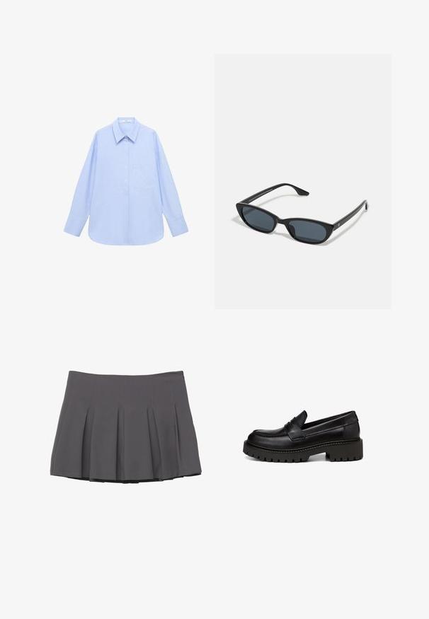 Brown suede jacket with a collared neckline, front button closure, and two large pockets. Textured finish and cropped design.; Light blue long-sleeve shirt with a button-down collar, single chest pocket, and a relaxed fit. Smooth fabric texture and classic design.; Gray pleated skirt with a smooth texture, featuring stitched detailing and a fitted waistband, finishing at mid-thigh length.; Marc O'Polo LOAFER MIT ROBUSTER PROFIL - Slip-ons - black; Black cat-eye sunglasses with dark lenses, plastic frame, slim temples, and subtle branding on the inner arm. Matte finish texture.