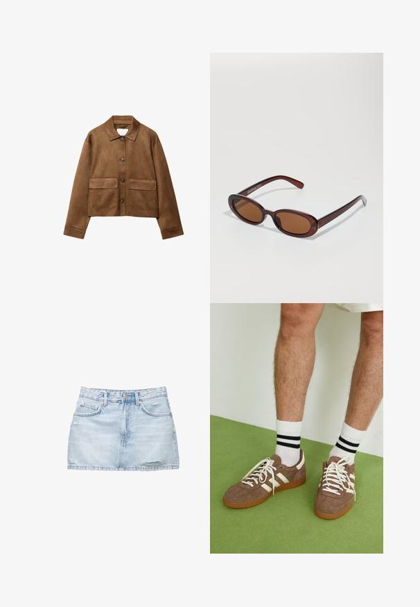 Giacca in suede marrone con colletto, chiusura frontale a bottoni e due grandi tasche. Finitura testurizzata e design cropped.; Maglietta a maniche lunghe in tessuto color crema, con una leggera arricciatura sui lati e un colletto classico. Texture liscia, design semplice.; Mini gonna in denim blu chiaro con orlo sfilacciato, due tasche anteriori e chiusura con un solo bottone. Presenta leggere usure per un effetto vissuto.; Sneaker in suede marrone con dettagli e lacci bianchi. Suola in gomma color gomma. Indossati con calzini bianchi con righe nere. Pavimento verde texturizzato.; Occhiali da sole rotondi con tonalità marrone, montatura lucida color bordeaux. Aste sottili con un sottile dettaglio del marchio. Design delle lenti piatte.