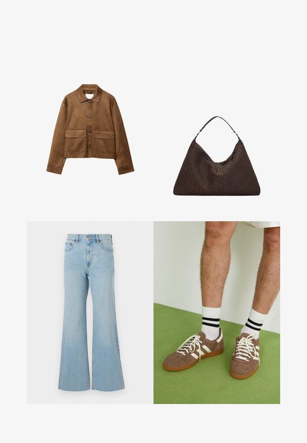 Brun ruskindjakke med kravesnit, tæt for-udknapning og to store lommer. Tekstureret finish og cropped design.; Langærmet top i cremet stof med let samling i siderne og klassisk krave. Glat tekstur, enkelt design.; Lysblå denimflared jeans med høj talje, featuring en klassisk knap- og lynlås-lukning, samt let slidser i stoffet.; Brune ruskind sneakers med hvide detaljer og snørebånd. Gummisål i naturgummi. Båret med hvide sokker med sorte striber. Grøn struktureret gulv.; Brun vævet læderhandbag med en slasket, trekantet form. Har et flettet håndtag og en lynlåslukning langs toppen.