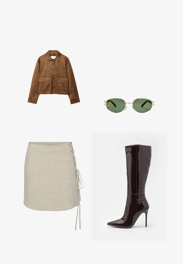 Brun mockaskinnjacka med krage, framknäppning och två stora fickor. Texturerad yta och kort design.; Vitt ärmlöst linne med fyrkantig halsringning, slät yta och figurnära design. Gjort av lättviktsmaterial.; Beige linne inslag kjol med en snörning på vänster sida, rak passform och dragkedja bak. Slätt, texturerat tyg.; Even&Odd Högklackad stövel - dark brown; Guldmetallramade solglasögon med gröna tonade linser, oval form, svarta skalmar och klara näsaskar. Rent, minimalistiskt design.; DRAGON DIFFUSION ROSANNA - Handväska - dark brown
