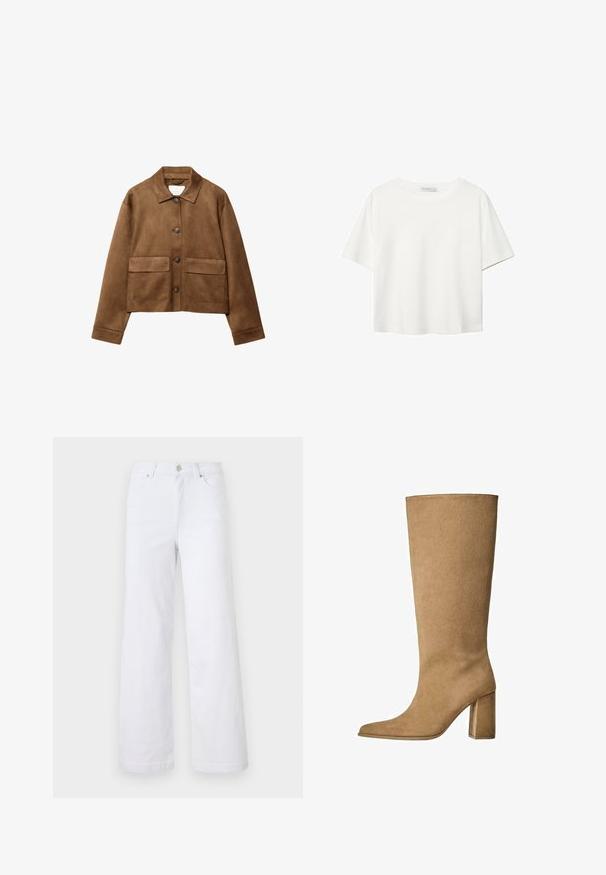 Smeđa zimska jakna od suèdea s ovratnikom, prednjim zatvaranjem na gumbi i dva velika džepa. Ima teksturiranu završnu obradu i skraćeni dizajn.; Bijela majica kratkih rukava od pamuka. Ima okrugli izrez i opušteni kroj. Glatka tekstura bez vidljivih uzoraka ili naglasaka.; Bijele traperice širokog kroja imaju patentni zatvarač, kopčanje na dugme, dva prednja džepa i čist dizajn bez ukrasa.; Bež nubuk čizme do koljena s blok potplatom, s izduženim vrhom i glatkom teksturom. Minimalistički dizajn bez ukrasa.