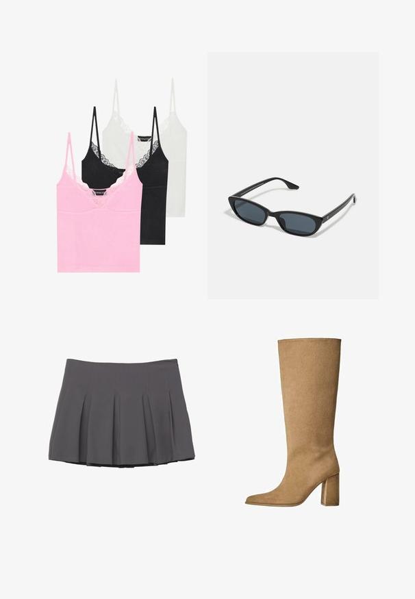 Hnedá semišová bunda s golierom, predným zapínaním na gombíky a dvoma veľkými vreckami. Štruktúrovaný povrch a skrátený strih.; Tričko s tenkými ramienkami v ružovej, čiernej a bielej farbe, zdobené čipkovaným lemovaním pozdĺž výstrihu a hladkým povrchom.; Svetlo modrá košeľa s dlhým rukávom, s golierom na gombíky, jednou náprsné vrecko a voľným strihom. Hladká textúra látky a klasický dizajn.; Sivá plisovaná sukňa s hladkým povrchom, s prešívanými detailmi a priliehavým pásom, končiaca v dĺžke do polovice stehien.; Hnedé semišové čižmy po kolená s blokovým podpätkom, so špicatou špičkou a hladkou textúrou. Minimalistický dizajn bez ozdôb.; Čierne mačacie slnečné okuliare s tmavými sklami, plastovým rámom, štíhlymi spolkami a jemným brandingom na vnútornej strane ramena. Matná povrchová úprava.