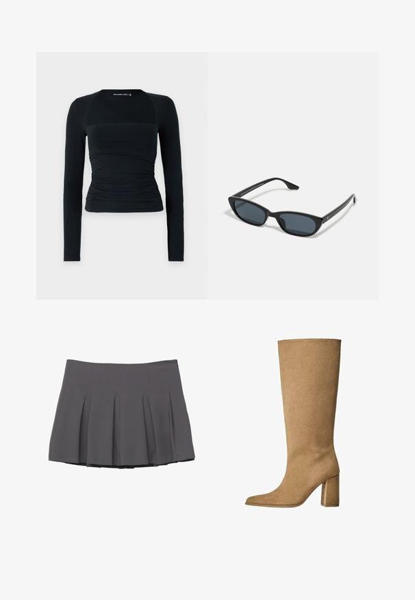 Brahno zamšast plašč z ovratnikom, sprednjim zapiranjem na gumb in dvema velikima žepoma. Teksturna površina in skrajšana zasnova.; Črna dolga majica z dolgimi rokavi, izdelana iz mehkega materiala, s prilegajočim se krojem in nabranimi detajli v pasu ter kontrastnimi brezšivnimi ramenskimi paneli.; Siva plisirana krila z gladko teksturo, z nenatančnimi detajli in prilegajočim pasom, ki se končuje na višini sredine stegna.; Tanki suede škornji do kolen v bež barvi z blok peto, z ošiljenim nosom in gladko teksturo. Minimalističen dizajn brez okraskov.; Črne mačkaste sončne očala z temnimi lečami, plastičnim okvirjem, ozkimi stebli ter diskretnim logotipom na notranji strani ročaja. Mat zaključna tekstura.; Rjava semiš torba z dvema robustnima ročajema, pravokotne oblike in dekorativnim trakom po sprednji strani.