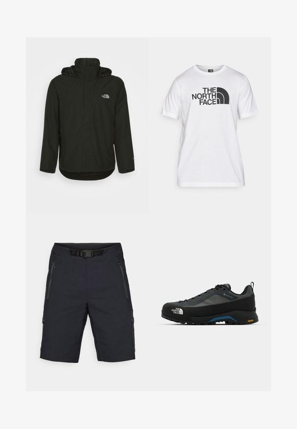 Fekete vízálló dzseki magas gallérral, állítható kapucnival, és logóval a bal mellen. Hosszú ujjak és enyhén ívelt alsó rész jellemzi.; Fehér pamut póló fekete grafikai nyomattal, amely szöveget és egy ívelt logótervezést tartalmaz. Kerek nyakkivágás és rövid ujjú. Egyszerű textúra.; Fekete cargo sort övvel ellátott derékrésszel, oldalsó cipzáras zsebekkel és sima textúrával a kényelem és a praktikum érdekében.; The North Face VERTO ALPINE GORE TEX - Túracipők - asphalt grey/tnf black