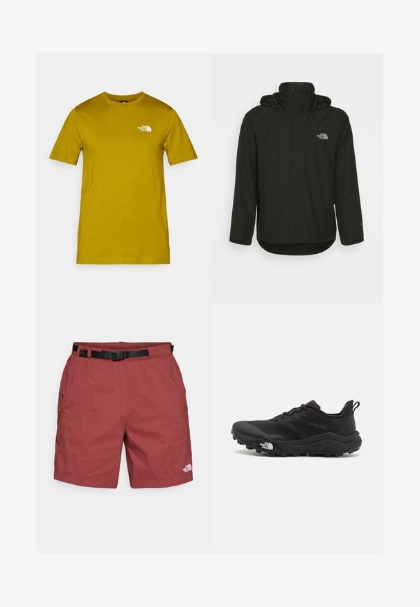 Svart vanntett jakke med høy krage, justerbar hette og logo på venstre bryst. Den har lange ermer og en litt buet hem.; Kortermet bomulls t-skjorte i sennepsgul med hvit logo trykt på venstre bryst. Rund hals, standard passform og glatt tekstur.; Røde shorts laget av lett materiale, med elastisk midje og et justerbart belte i svart samt sidelommer. Merkevaren er synlig.; Svart terrengløpesko med teksturert overdel, gummisåle og forsterket tåhette. Har polstret krage og løftestropp for enkel påkledning.