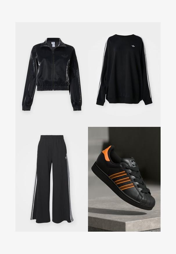 Μαύρο γυαλιστερό ζακέτα με φερμουάρ και ελαστικούς καρπούς και στρίφωμα, με διακριτικές τρεις λωρίδες στα μανίκια και λογότυπο σε τονική απόχρωση στο στήθος.; Μαύρο φαρδύ φούτερ από μαλακό ύφασμα, με λευκές ρίγες κατά μήκος των μανικιών και ένα μικρό λογότυπο στο στήθος. Στρογγυλή λαιμόκοψη.; Μαύρο παντελόνι φόρμας με φαρδιά πόδια και ελαστική μέση, που διαθέτει λευκές ρίγες στο πλάι και κεντημένο λογότυπο στο αριστερό μηρό.; Μαύρο αθλητικό παπούτσι με πορτοκαλί λεπτομέρειες, τρεις οριζόντιες ρίγες, δερμάτινο επάνω μέρος με υφή, καπάκι από καουτσούκ στη μύτη και μαύρες κορδόνες.