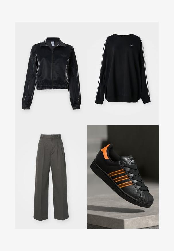 Zwarte glanzende zip-up trainingsjack met elastische mouwen en zoom, met subtiele drie-strepen details op de mouwen en een tonale logo op de borst.; Zwarte oversized sweatshirt van zachte stof, met witte strepen langs de mouwen en een klein logo op de borst. Ronde halslijn.; Hoge taille, antracietgrijze broeken van katoen. Heeft plooien, een enkele knoopsluiting en brede, rechte pijpen. Soepele textuur.; Zwarte sneaker met oranje accenten, drie horizontale strepen, bovenwerk van textuurlak, rubberen neuzen en zwarte veters.