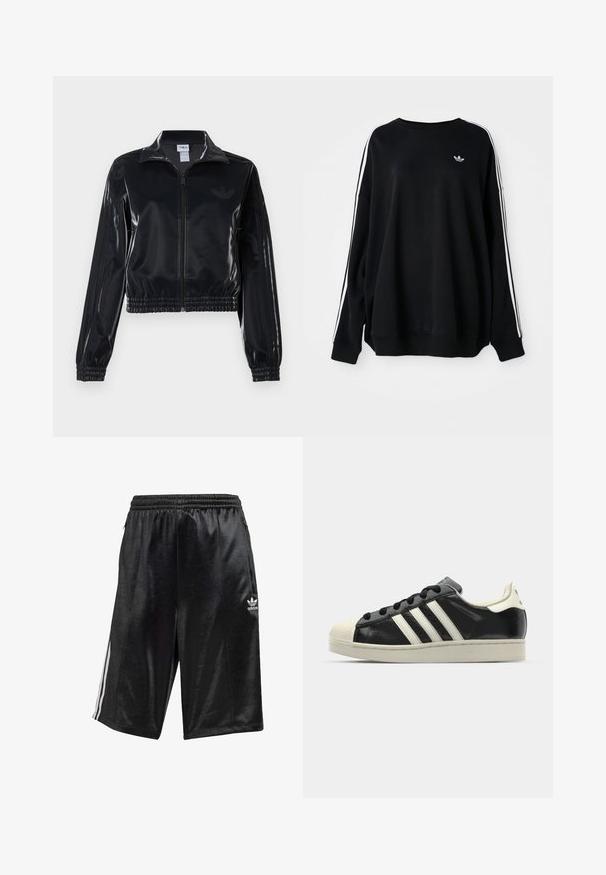Melna spīdīga zip-up sporta jaka ar elastīgām piedurknēm un apakšmalu, ar smalku trīsrindu detaļu uz piedurknēm un tonālu logotipu uz krūšu daļas.; Melns pārspīlēts džemperis no mīkstas auduma, ar baltām svītrām gar piedurknēm un mazu logo uz krūtīm. Apaļš kakls.; Melnas sporta bikses, izgatavotas no gludas auduma, ar aukliņu jostu, sānu kabatām un trim baltiem svītrām gar malām.; Melna ādas sporta apava ar baltām svītrām, gumijas purngala aizsardzību, melnām auklām un krēma krāsas zoli. Gluda tekstūra ar spīdīgu apdari.